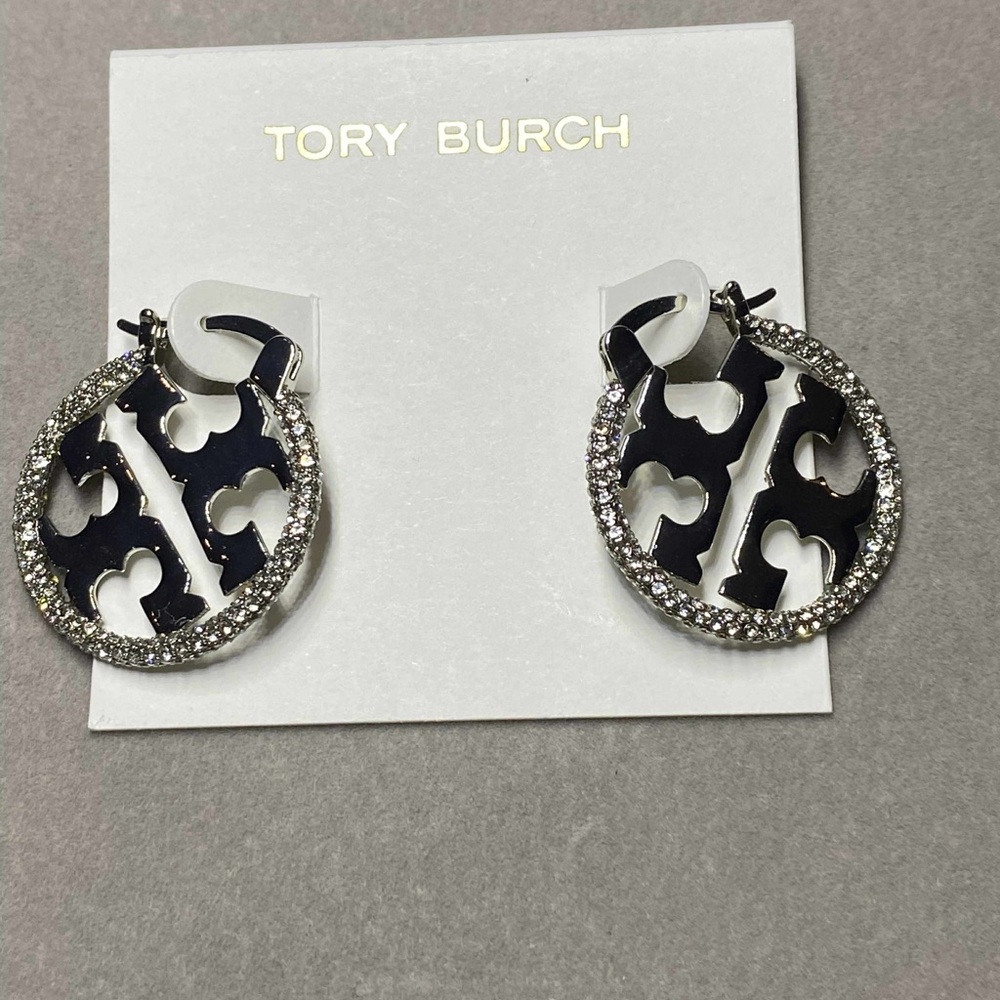 Tory Burch Black and Silver Hoop Earrings